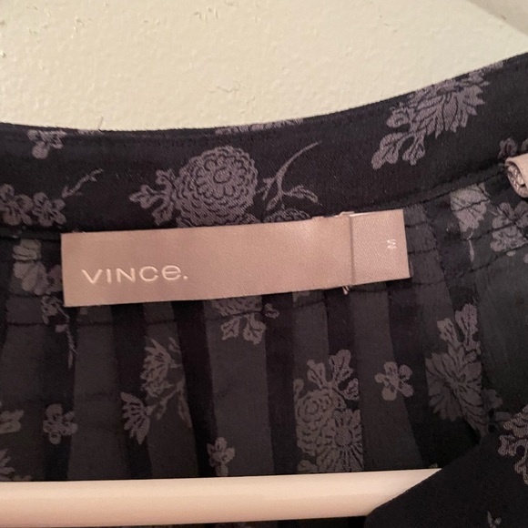 VINCE Calico Silk Floral Pleat V Neck Balloon Long Sleeve Coastal Blue Blouse M - Picture 11 of 13